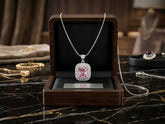 Imperial Sapphire Halo Gold Necklace in wooden Alder gift box on marble