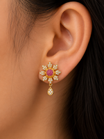 Gold Ruby Flower Drop Earrings
