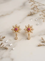 Gold Ruby Flower Drop Earrings