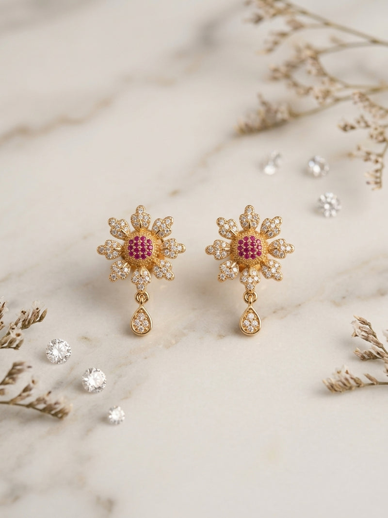 Gold Ruby Flower Drop Earrings