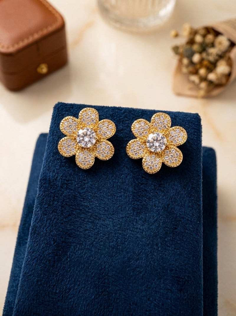 Gold Diamond Flower Stud Earrings