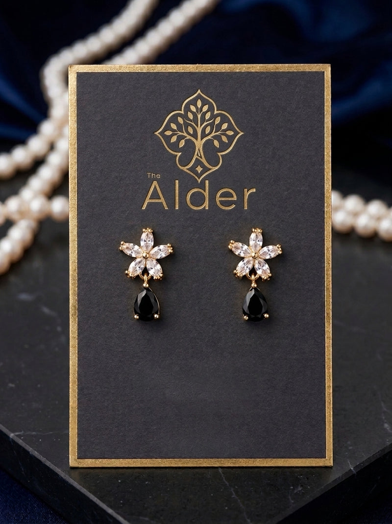 Crystal Flower Black Onyx Drop Earrings